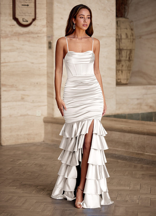 Serena White Cowl Neck Ruffles Prom Dress image1