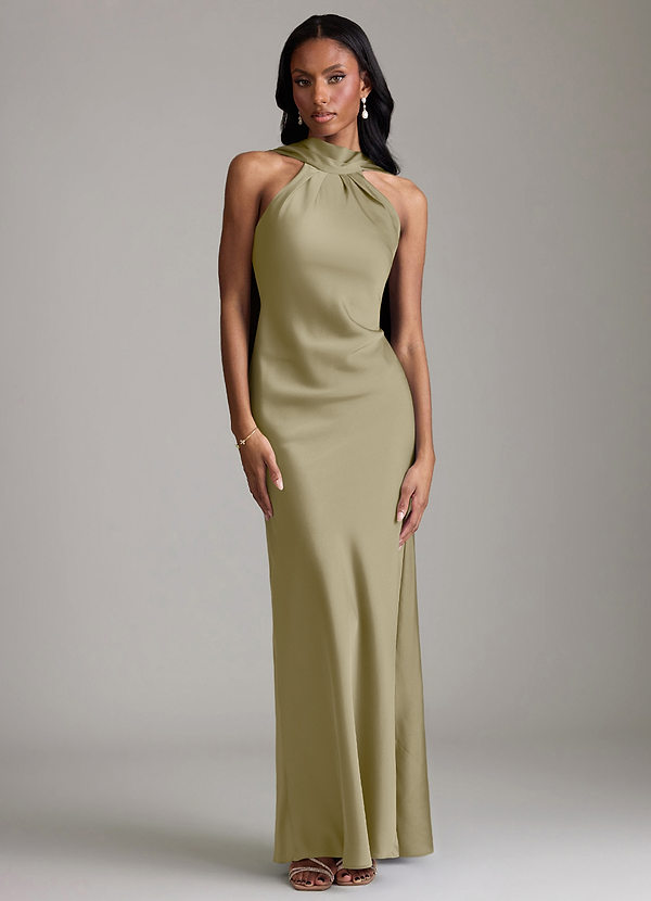 Azazie Cassiana Bruidsmeisjes Jurken Jurk van Stretch Satijn met Zeemeermin Geplooid Mosgroen image1