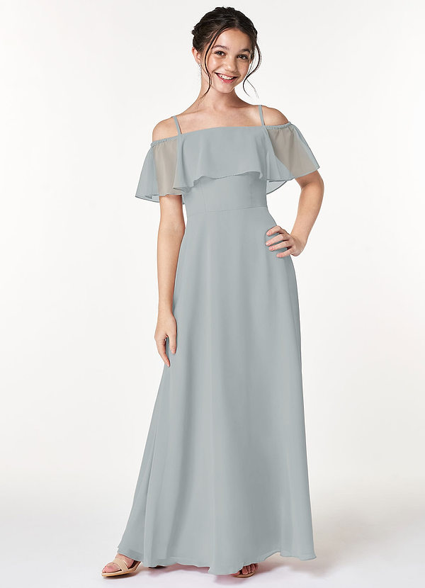 Azazie Maggie Junior Dolphin Grey A-Line Off the Shoulder Chiffon Dress image1