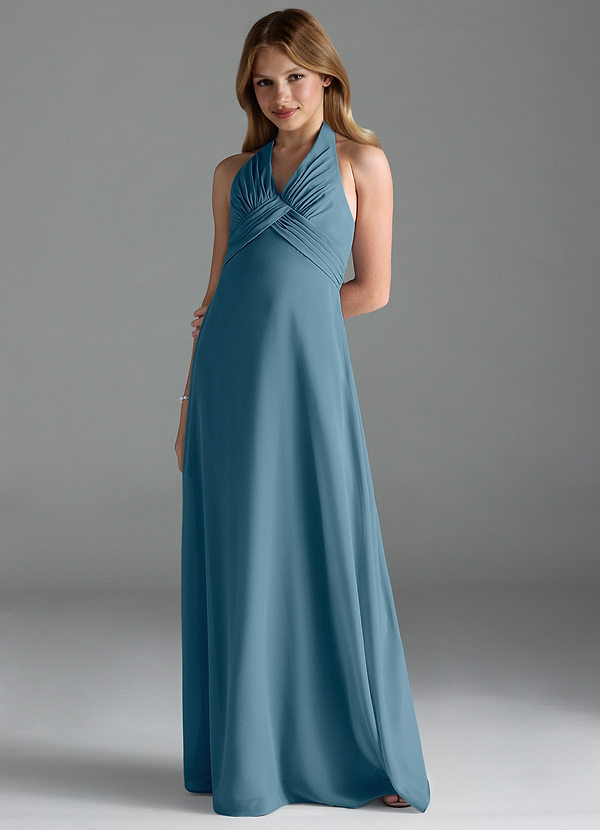 Azazie Tessie Junior A-Linie Plissee Chiffon Kleid Bermudablau image1