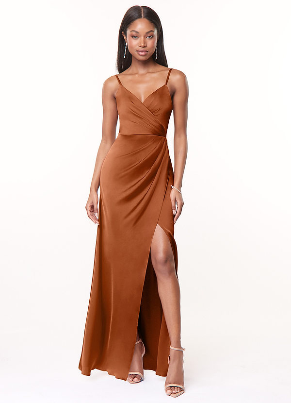 Azazie Maci Bridesmaid Dresses Copper A-Line V-Neck Pleated Stretch Satin Dress image1