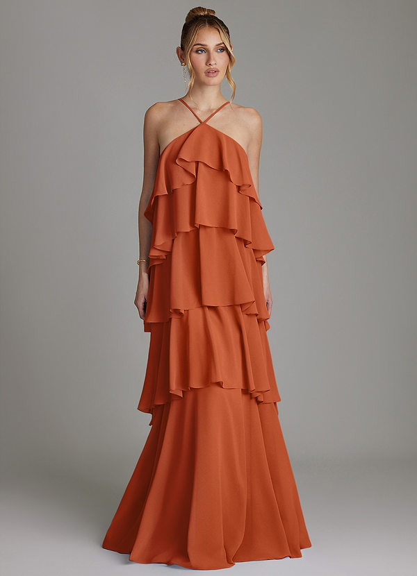 Azazie Deena Vestidos de dama de honor Vestido Naranja Quemada de Gasa de Línea A con Drapeado image1