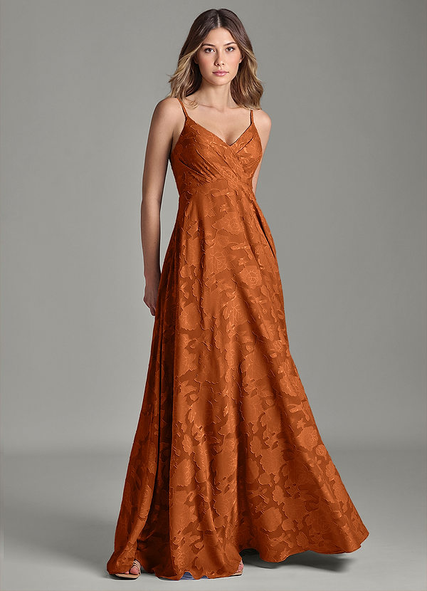 Azazie Amani Abiti da Damigella Abito A-Line in Burnout Floreale Plissettato Arancia Bruciata image1