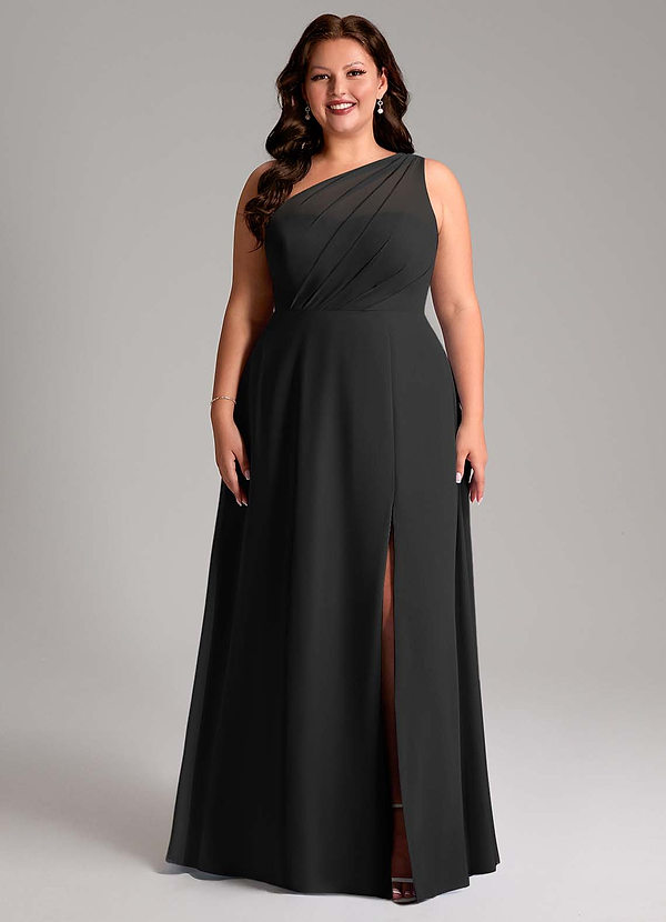 Azazie Phaedra Bridesmaid Dresses Black A-Line One Shoulder Chiffon Dress image1