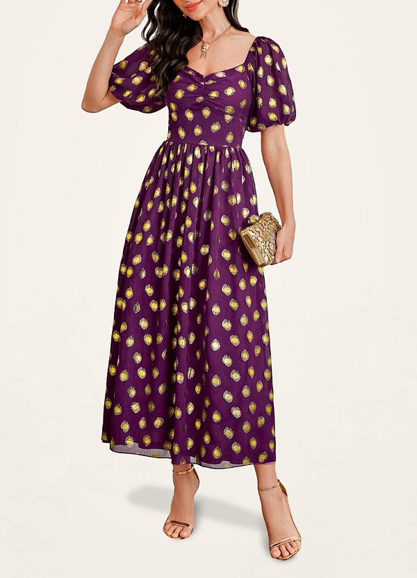 front Carretilla Púrpura Vestido midi con mangas abullonadas y lunares dorados