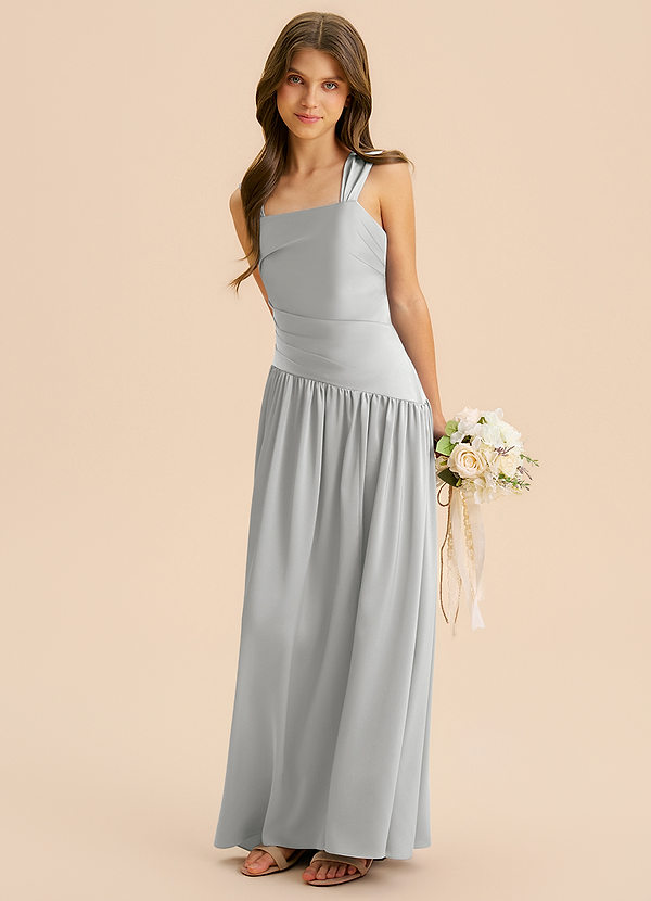 Azazie Dotty Junior A-Linie Plissee Stretch-Satin Kleid Silber image1