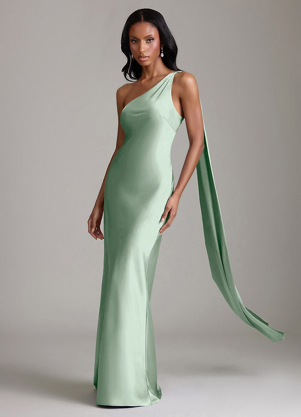 Azazie Galinda Bridesmaid Dresses Agave Mermaid One Shoulder Stretch Satin Dress image1