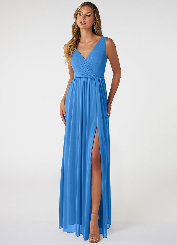 Azazie Tanicia Bridesmaid Dresses Blue Jay A-Line V-Neck Pleated Mesh Dress image1