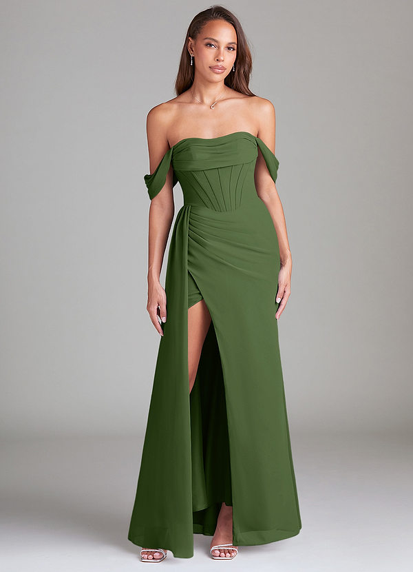 Azazie Amyra Bridesmaid Dresses Olive Sheath Off the Shoulder Chiffon Convertible Dress image1