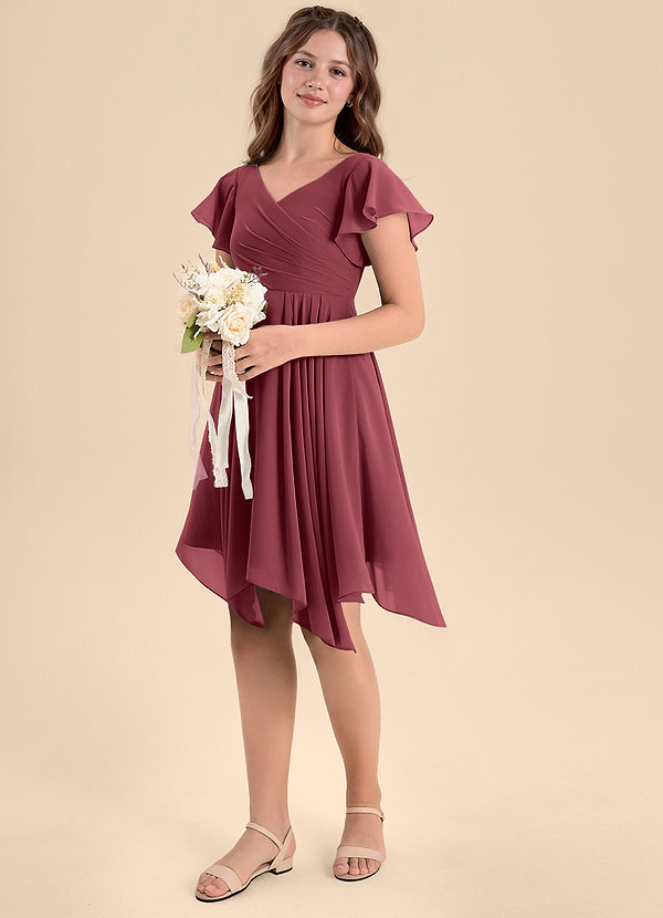 Azazie Janeaurelia Junior Abito A-Line in Chiffon Plissettato Merlot image1