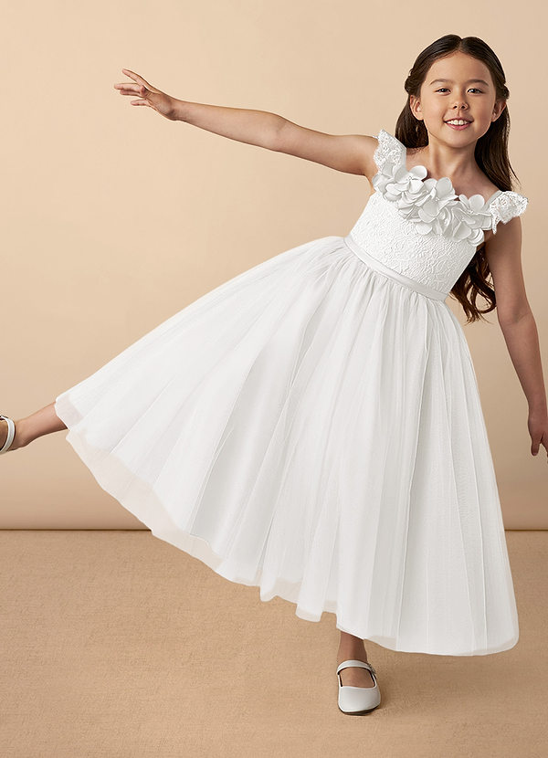 Azazie Demetra Flower Girl Dresses Ivory A-Line Lace Tulle Dress image1