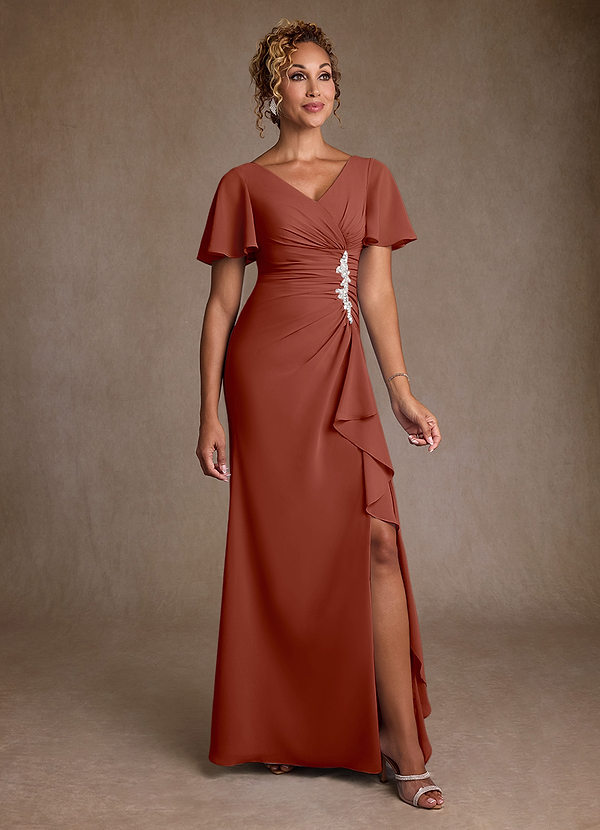 Azazie Suffolk Robe Mère de la Mariée & du Marié Robe Trapèze en Mousseline de soie Plissée Auburn image1
