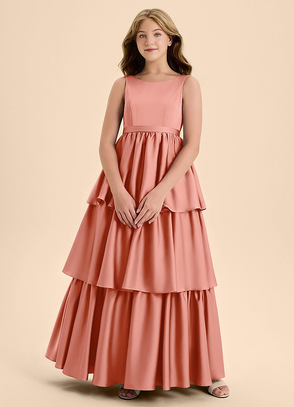 Azazie Meadowyn Junior Abito A-Line in Raso Elasticizzato Fiocco Corallo image1