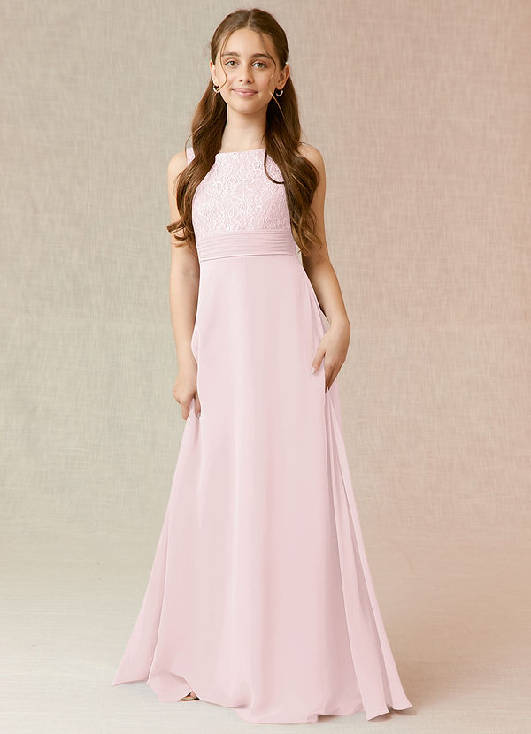 Azazie Snow Junior Blushing Pink A-Line Lace Chiffon Dress image1
