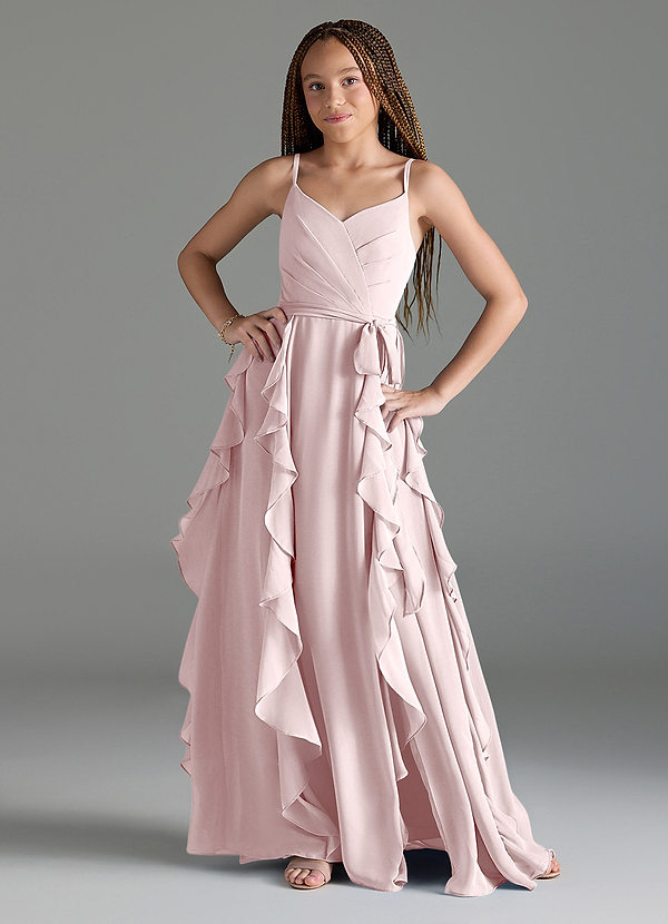 Azazie Peyton Junior Blushing Pink A-Line V-Neck Cascading Ruffles Chiffon Dress image1