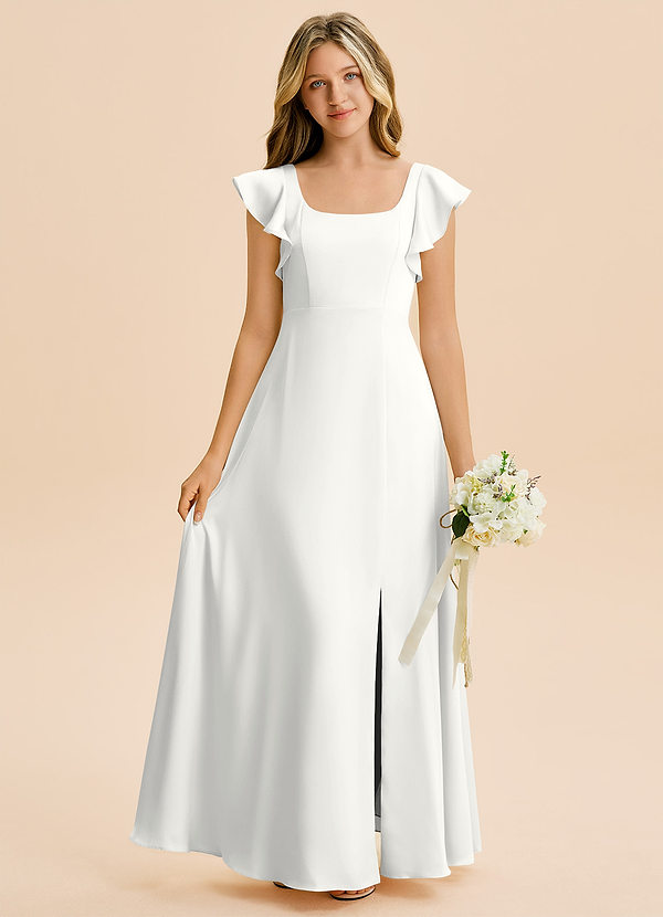 Azazie Bondi Junior A-Linie Seitliche Cut-Outs Stretch-Satin Kleid Weiß image1