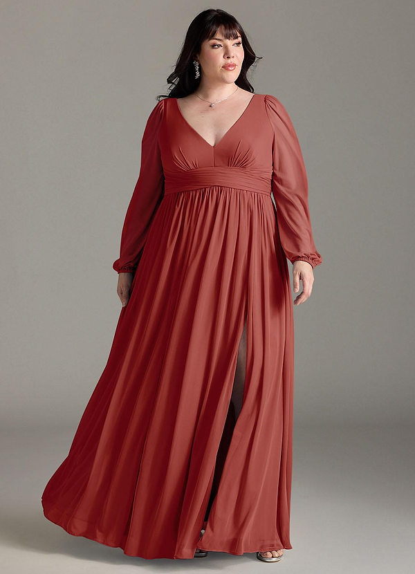 Azazie Norah Robes Demoiselle d'honneur Robe Trapèze en Mousseline de soie Col en V, manches longues Terracotta image1