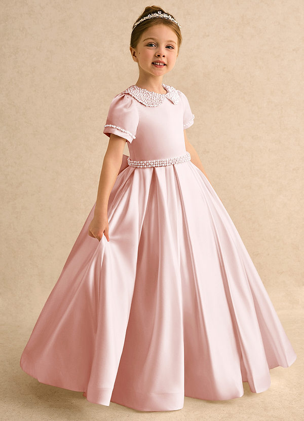 Azazie Gabriella Flower Girl Dresses Blushing Pink Ball-Gown with Sleeves Matte Satin Dress image1
