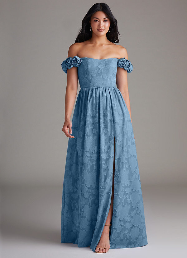 Azazie Autumn Robes Demoiselle d'honneur Robe Trapèze Convertible en Blumen-Burnout Épaule décolletée Acier Bleuté image1