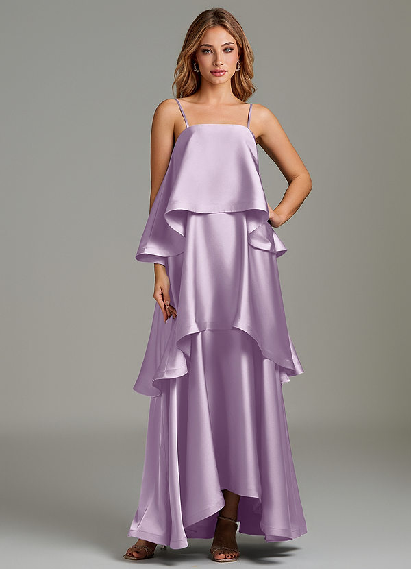 Azazie Azalea Bridesmaid Dresses Frosted Lilac A-Line Ruched Stretch Satin Dress image1