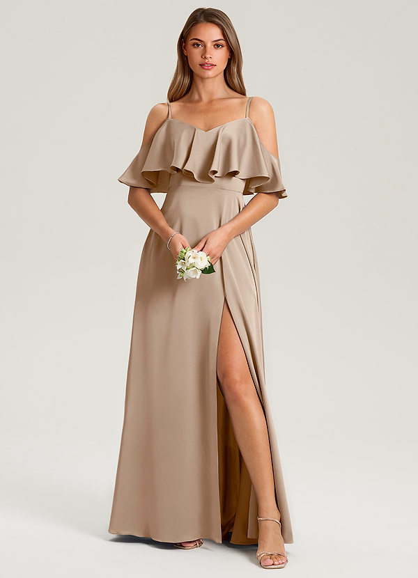 Azazie Jean Bruidsmeisjes Jurken Jurk van Stretch Satijn met A-Lijn Off the Shoulder Taupe image1