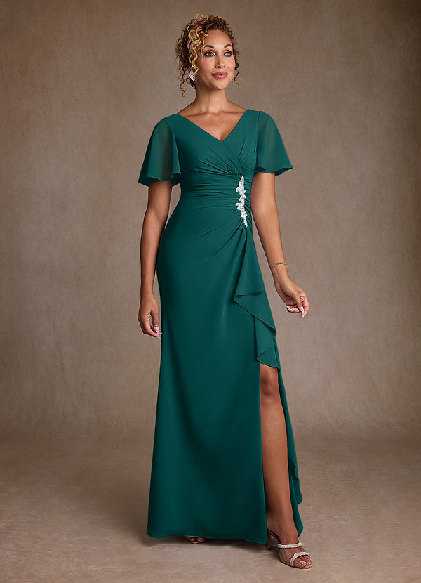 Azazie Suffolk Abiti da Mamma Sposa Abito A-Line in Chiffon Plissettato Verde Pavone image1
