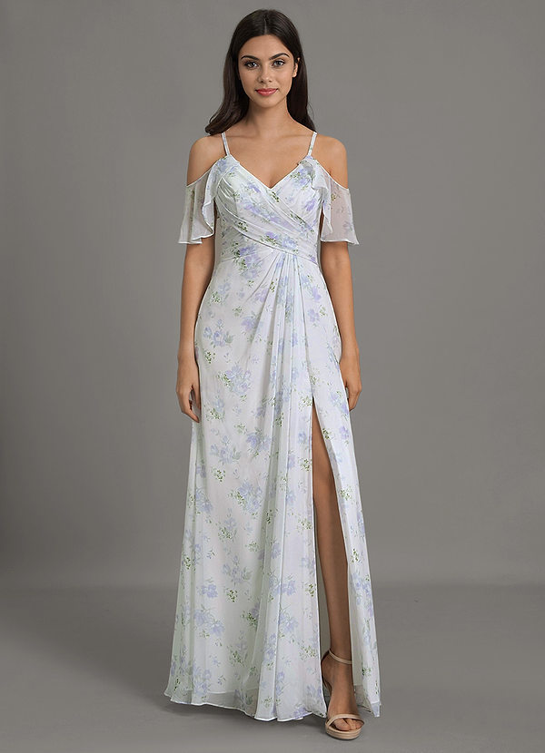 Azazie Dakota Abiti da Damigella Abito A-Line in Chiffon con Scollo a V a Pieghe Blue Vintage Floral image1