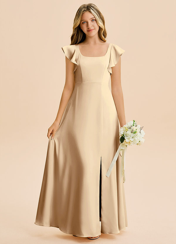 Azazie Bondi Junior Vestido de Champán de Satén Elástico de Corte en A con Corte Lateral image1