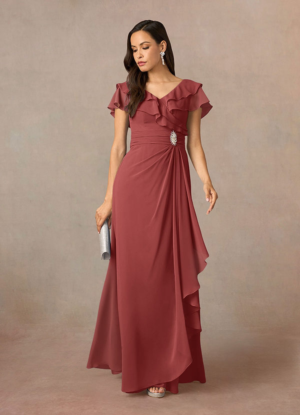 Azazie Snapdragon Robes de mère de la mariée Robe Trapèze en Mousseline de soie Col en V froncé Terracotta image1