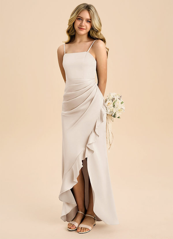 Azazie Buzzy Junior Jurk van Stretch Satijn met Kolom Geplooid Wit Albast image1