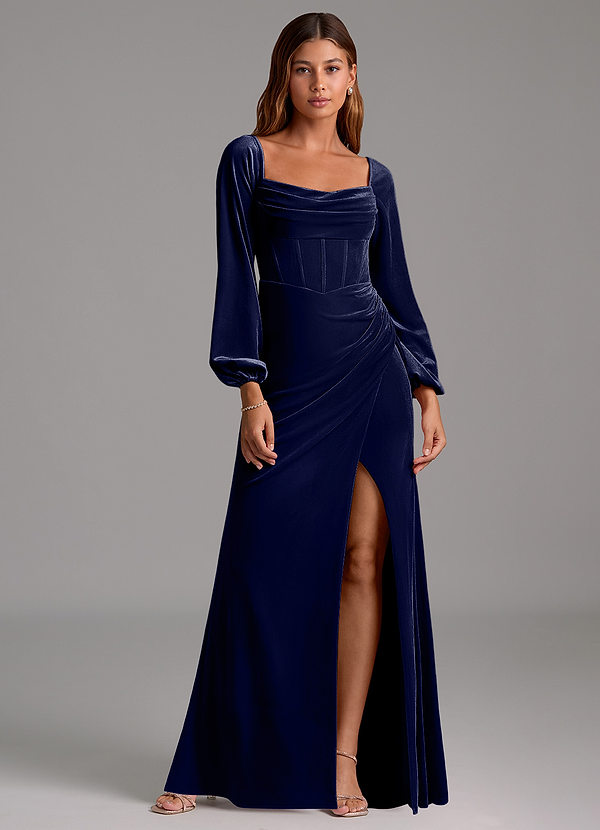 Azazie Charissa Bridesmaid Dresses Dark Navy Sheath Long Sleeve Velvet Dress image1