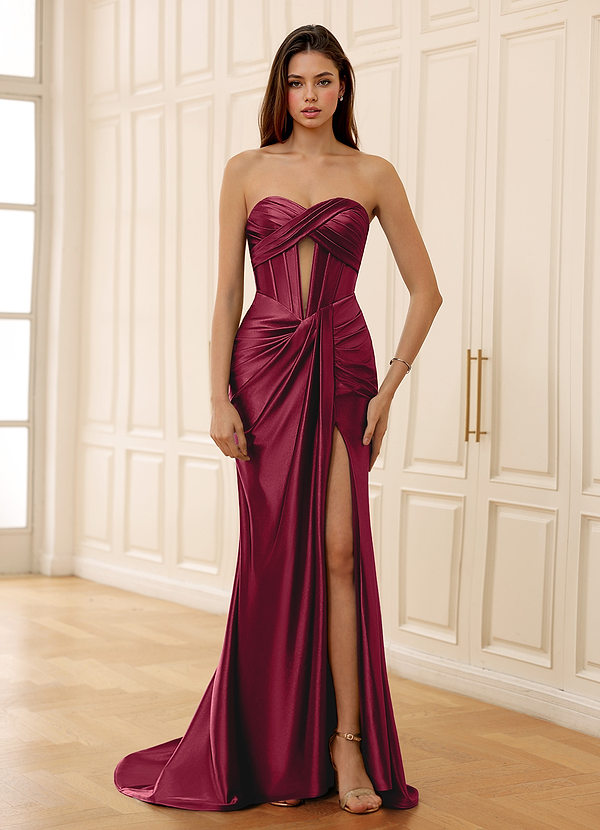 Isadora Borgoña Vestido de fiesta de satén con corsé recortado image1