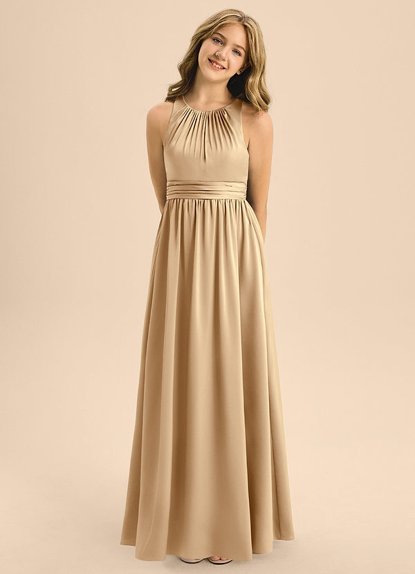 Azazie Jaylah Junior A-Linie Plissee Stretch-Satin Kleid Champagner image1
