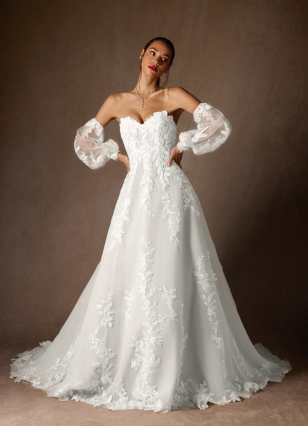 Azazie Madeleine Wedding Dresses Diamond White Ball-Gown Strapless Lace Dress image1