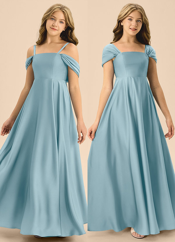Azazie Rowena Junior Vestido de Azul Malhumorado de Satén Elástico de Corte en A con Lazo image1