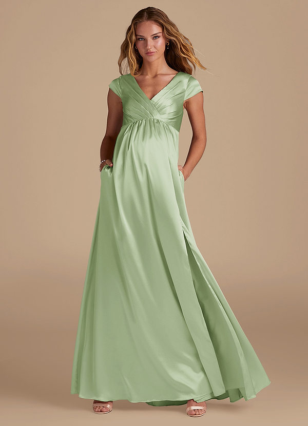 Azazie Allessia Maternity Bridesmaid Dresses Vestir Linha A Comprimento do chão Cetim Metálico image1