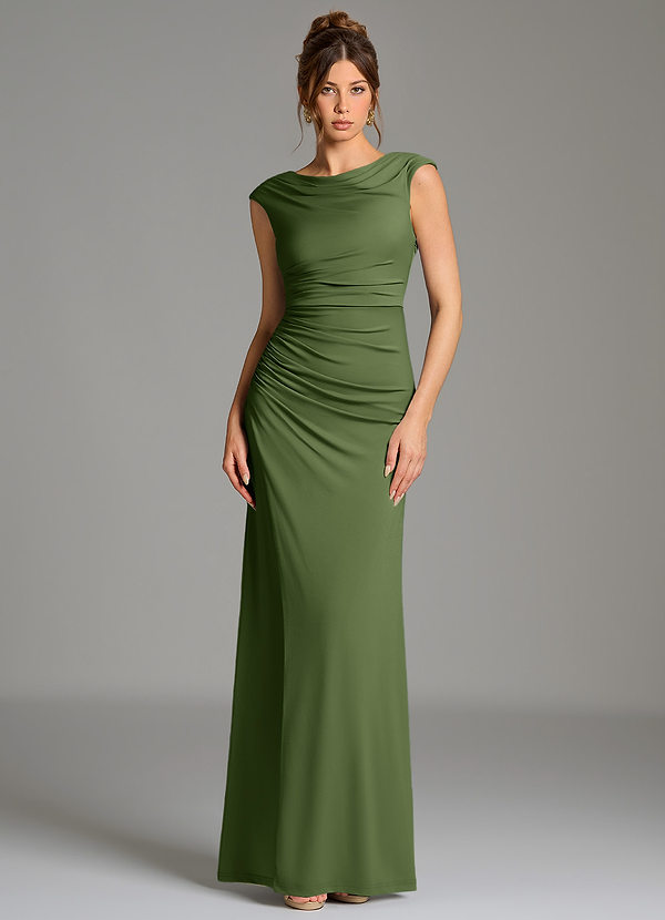 Azazie Chantal Bridesmaid Dresses Olive Mermaid Pleated Premium Stretch Jersey Dress image1