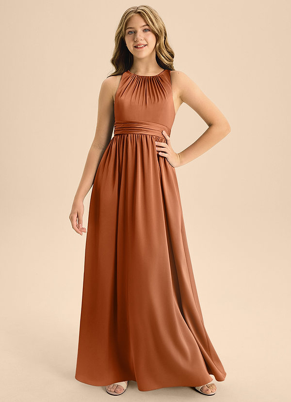 Azazie Jaylah Junior Copper A-Line Pleated Stretch Satin Dress image1