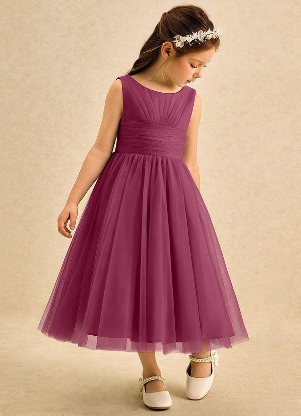 Azazie Macaron Robes de Fillette d'Honneur Robe Trapèze en Tulle Plissée Mûre image1