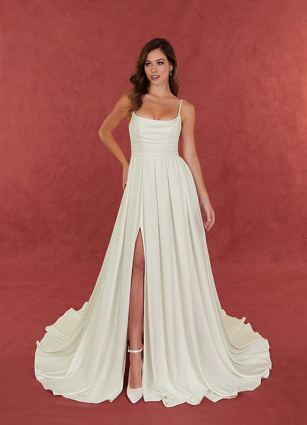 Azazie Caymus Wedding Dresses A-Line Scoop Pleated Crepe Back Satin Chapel Train Dress image1