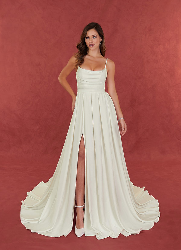 Azazie Caymus Wedding Dresses Cream A-Line Scoop Pleated Crepe back satin Dress image1