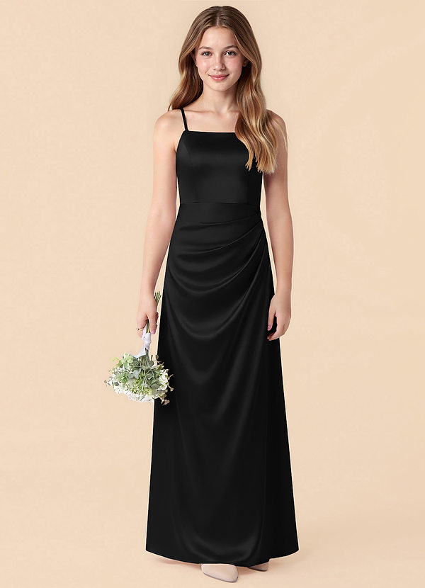 Azazie Renna Junior Black Mermaid Pleated Stretch Satin Dress image1