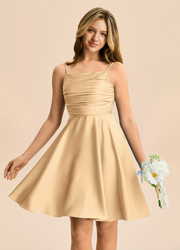 Azazie Miko Junior Gold A-Line Pleated Stretch Satin Dress image1
