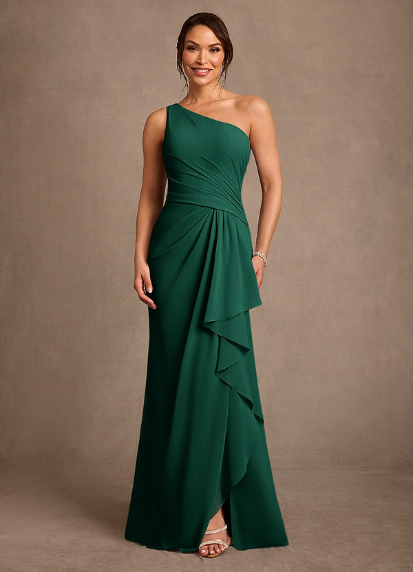 Azazie Floy Mother of the Bride Dresses Vestido Esmeralda de Chiffon de Bainha com Um ombro image1