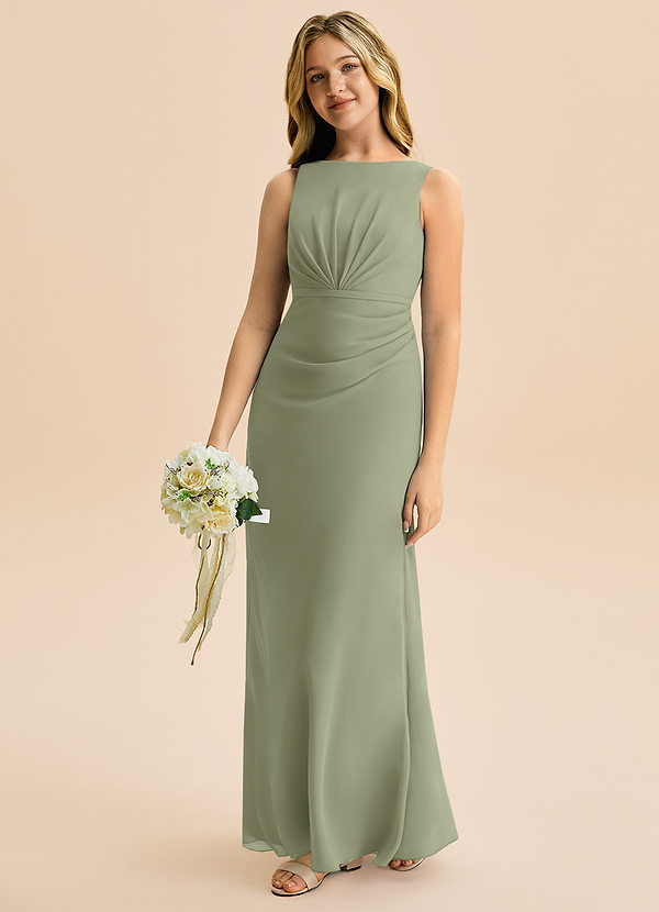 Azazie Floris Junior Robe Trapèze en Mousseline de soie Plissée Pistache image1