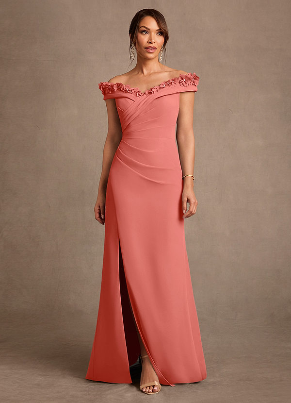 Azazie Jettie Mother of the Brides Dresses Salmon Pink Sheath Pleated Chiffon Dress image1