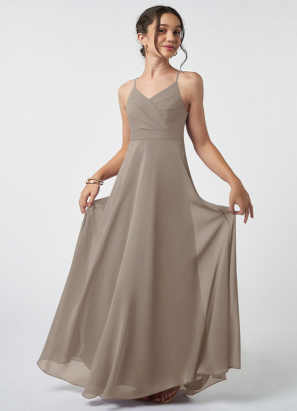 Azazie Avelina Junior Taupe A-Line Pleated Chiffon Dress image1