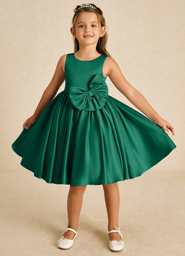Azazie Apple Flower Girl Dresses Emerald A-Line Bow Matte Satin Dress image1