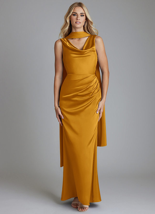 Azazie Tallie Bridesmaid Dresses Butterscotch Mermaid Pleated Stretch Satin Dress image1