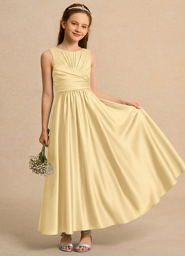 Azazie Ducky Girls Formal Flower Girl Dresses Butter A-Line Pleated Stretch Satin Dress image1